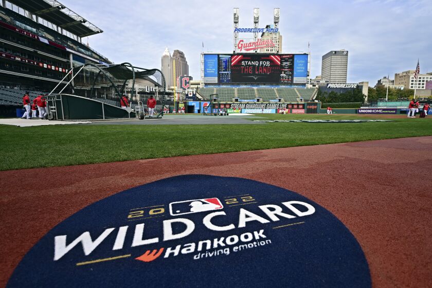 The Cleveland Guardians workout, Thursday, Oct. 6, 2022, in Cleveland, the day before their a MLB wild card baseball playoff game against the Tampa Bay Rays. (AP Photo/David Dermer)