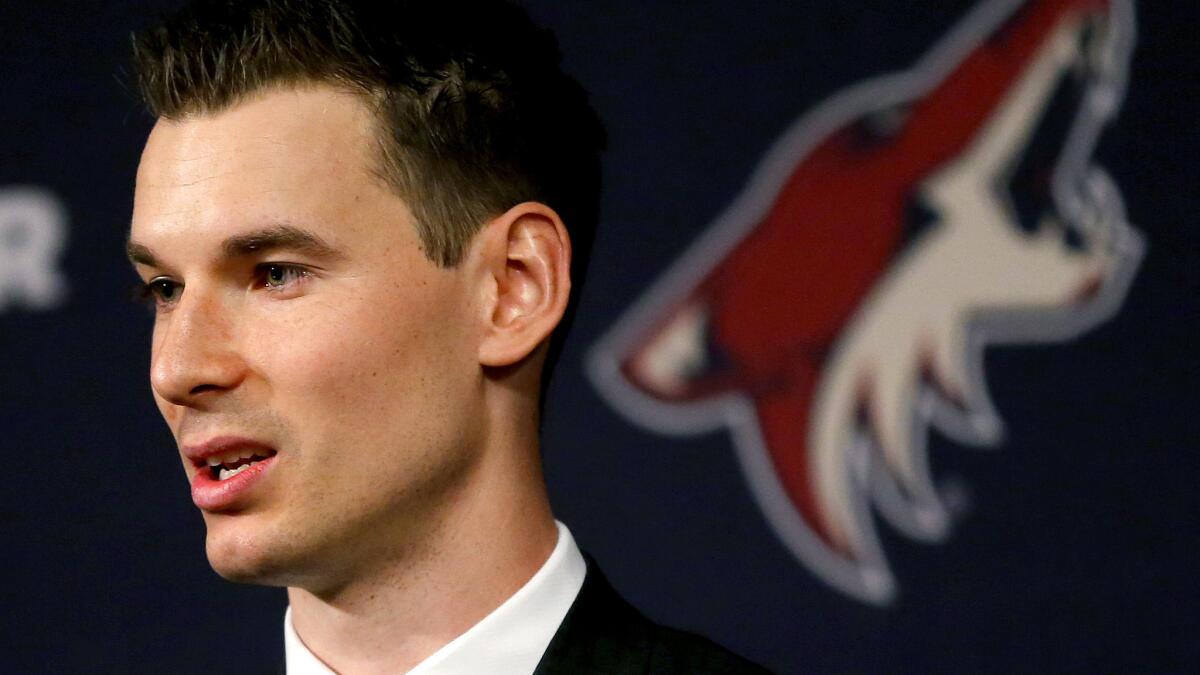 Coyotes General Manager John Chayka addresses reporters during his introductory news conference on Thursday.
