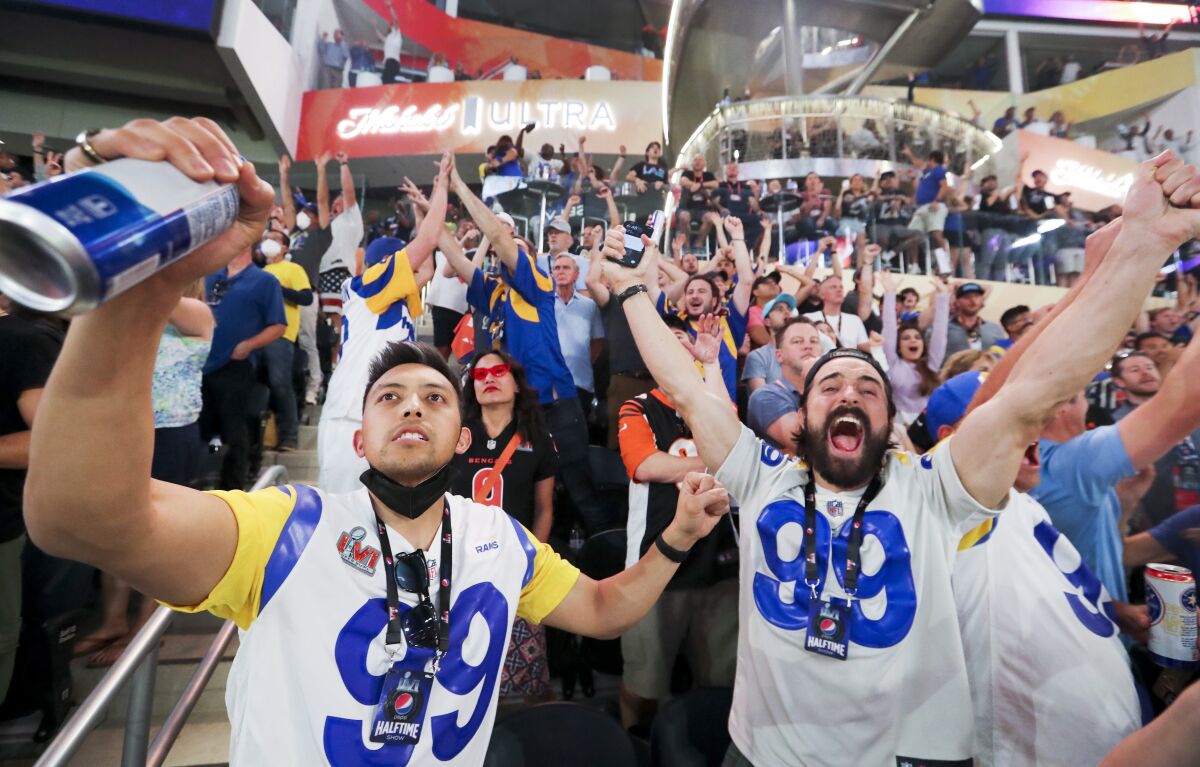 Los Angeles Rams fans cheer during the second half in Super Bowl LVI. 