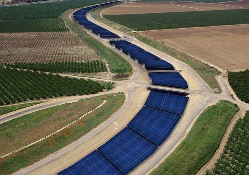 A rendering shows what the California Aqueduct would look like covered with solar panels.