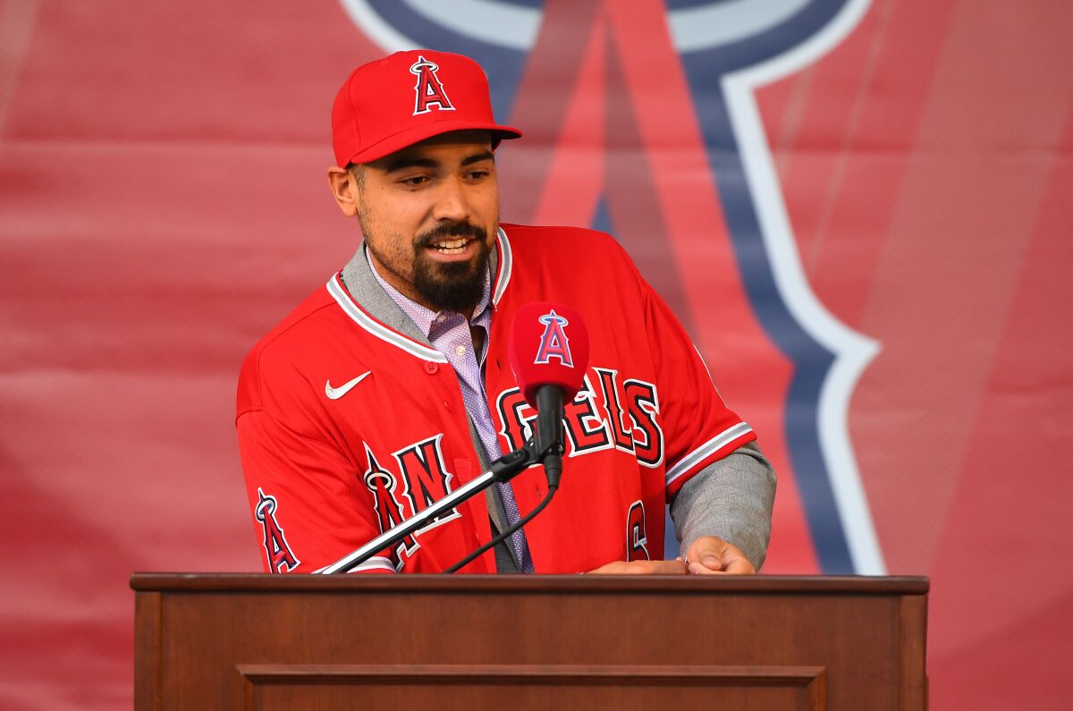 Angels third baseman Anthony Rendon answers questions during his introductory news conference at Angel Stadium on Saturday.
