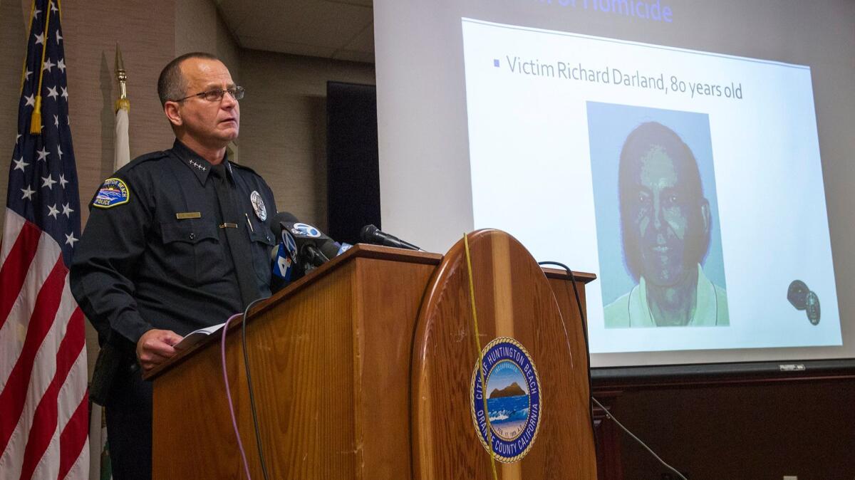 Huntington Beach Police Chief Robert Handy speaks during a press conference in 2017.