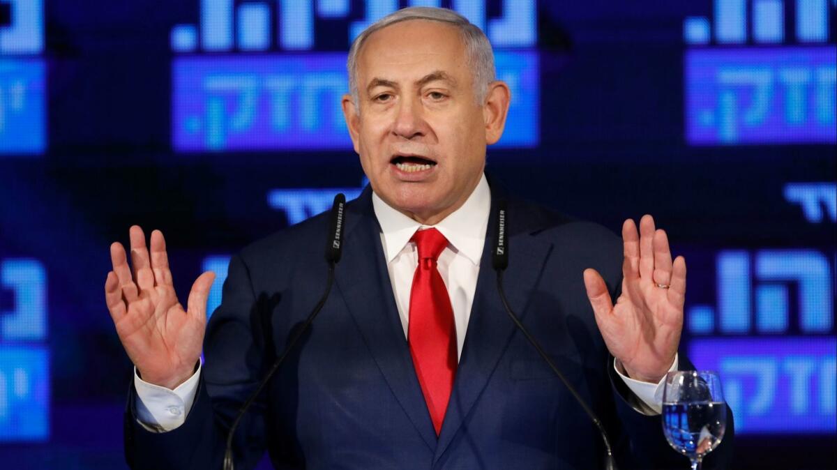Benjamin Netanyahu speaks during his party's election campaign event in Ramat Gan, Israel on March 4.