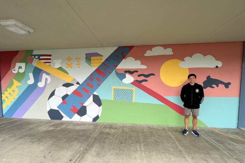 Outgoing Muirlands student Felipe Outi stands in front of the mural he desgined and helped paint.