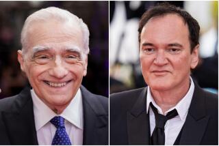 Split: left, Martin Scorsese wears a black blazer, white shirt and blue tie; right, Quentin Tarantino wears a black suit