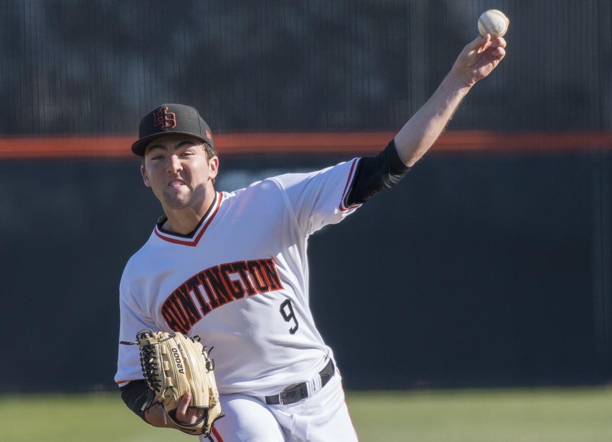 Huntington Beach High's Josh Hahn, pictured throwing against La Verne Damien on March 1, threw six scoreless innings in the Oilers' 1-0 win at Marina on Friday.