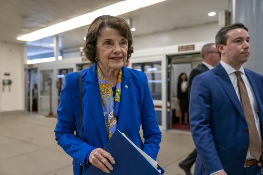Sen. Dianne Feinstein, D-Calif., the ranking member of the Senate Judiciary Committee, arrives at the Senate for votes on pending nominations, at the Capitol in Washington, Wednesday, Sept. 11, 2019. Earlier, Feinstein battled with White House lawyer Steven Menashi, President Donald Trump's nominee for U.S. Court of Appeals for the 2nd Circuit, when he would not answer her questions about his work on immigration issues, including a controversial policy to separate migrant children from their families at the southern border. (AP Photo/J. Scott Applewhite)