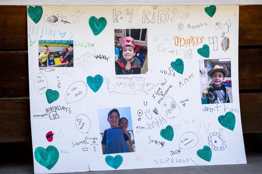 YORBA LINDA, CA - JUNE 5, 2021: A tribute poster hangs outside the Calvary Chapel Yorba Linda where 6-year-old Aiden Leos is remembered at his funeral service on June 5, 2021 in Yorba Linda, California. Aiden was tragically killed while riding in his mom's car when someone fired a gun at the car on the 55 freeway in what is being called a road rage incident.(Gina Ferazzi / Los Angeles Times)