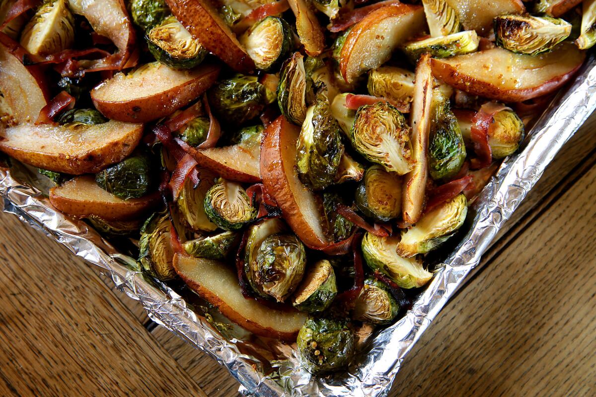 Brussels sprouts with pear: a Thanksgiving dish.
