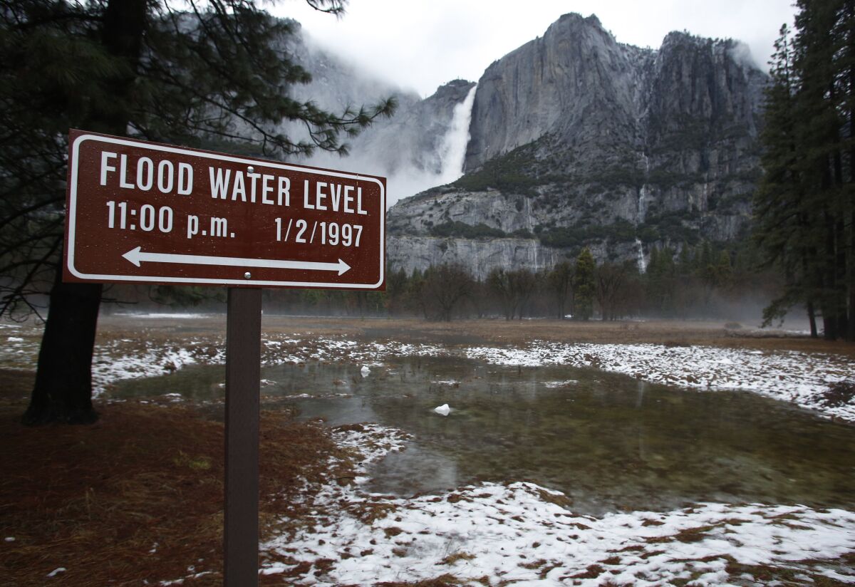 Cook's Meadow near the Merced River flooded Sunday as water poured down Yosemite Falls.
