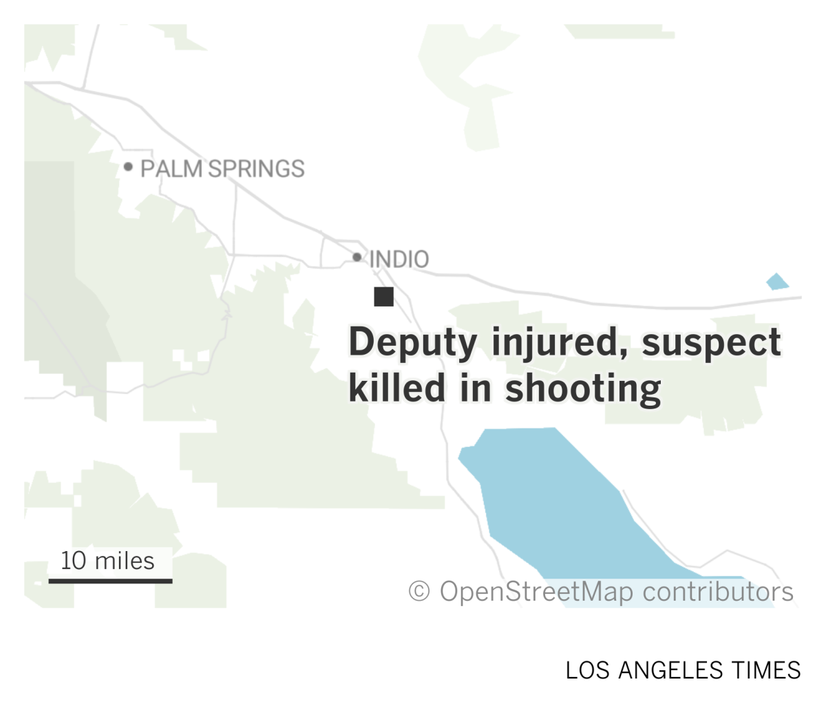 A map of the Coachella Valley shows where a suspect was killed and a deputy injured in a shooting in Coachella