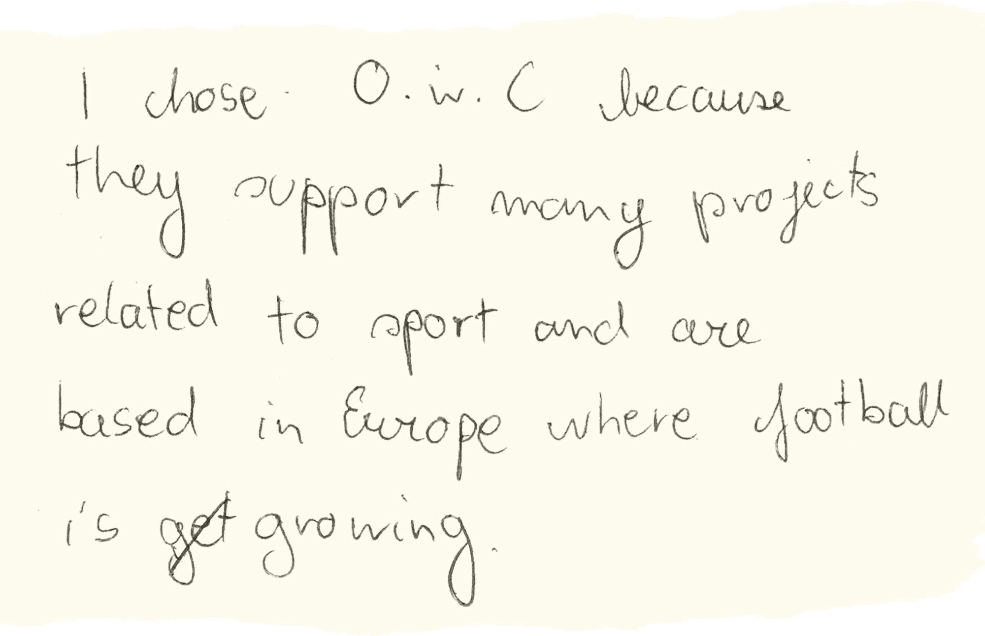 I chose O.w.C because they support many projects related to sport and are based in Europe where football is growing