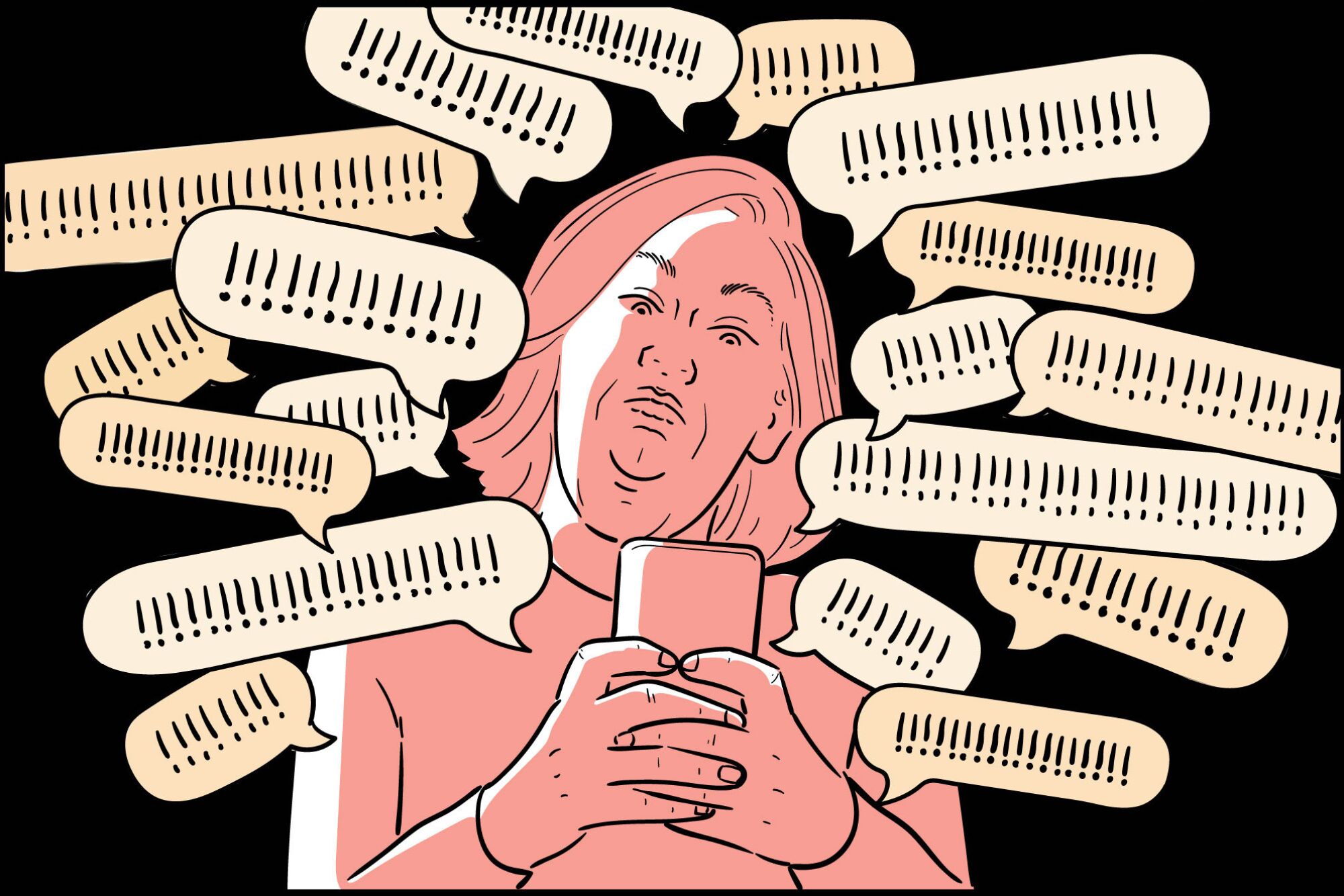 Illustration of a woman texting while surrounded by chat bubbles and exclamation points