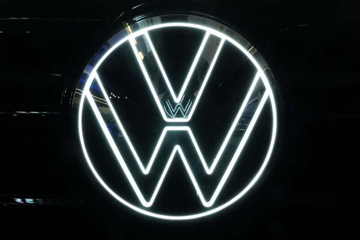 This is the Volkswagen logo on a Volkswagen automobile on display at the Pittsburgh International Auto Show in Pittsburgh