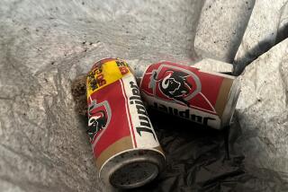 Two painted beer cans in a grey bag