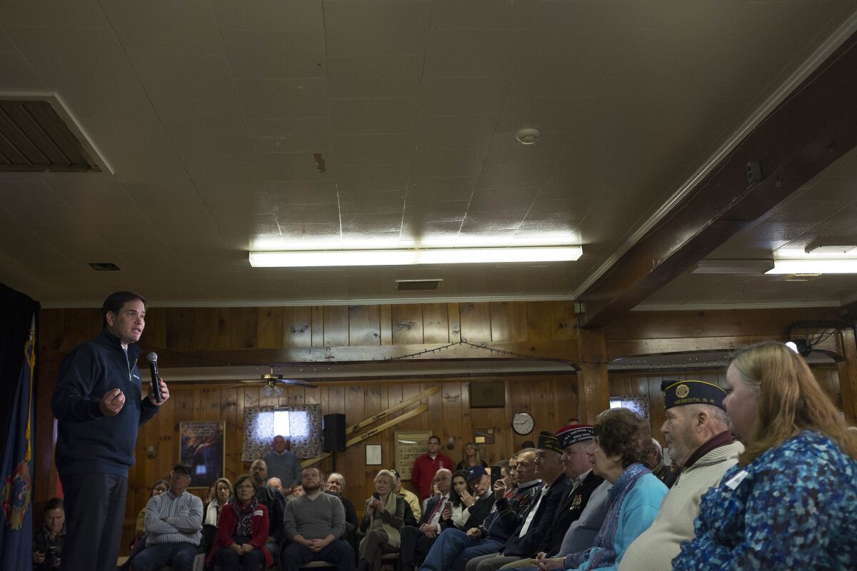 Republican Presidential candidate Marco Rubio speaks during a town hall at the VFW in Laconia, N.H. on Nov. 30. Rubio has slowly been rising in the polls in recent weeks.