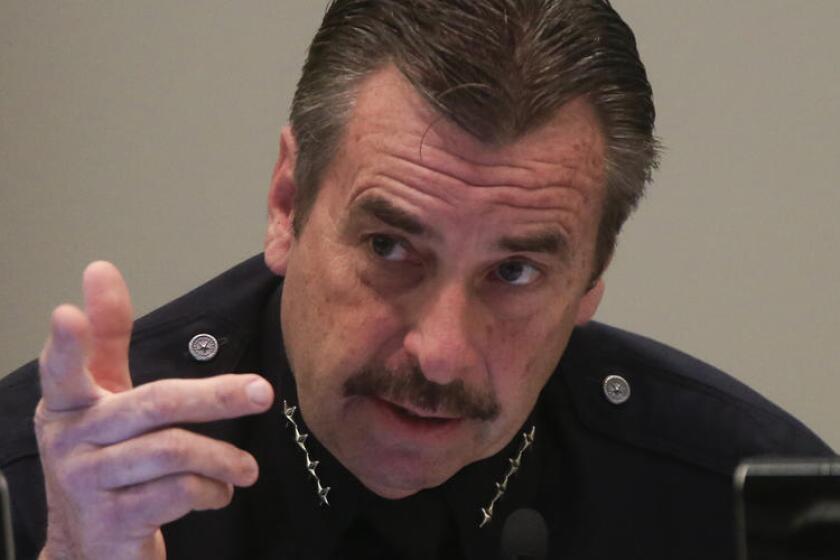 LAPD Chief Charlie Beck speaks during a Los Angeles Police Commission meeting in February.