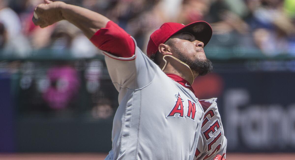 Angels pitcher Jaime Barria delivers a pitch during the team's 6-2 loss to the Cleveland Indians on Sunday. 