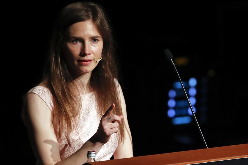 FILE - Amanda Knox speaks at a Criminal Justice Festival at the University of Modena, Italy, on June 15, 2019. A Florence appeals court on Wednesday, April 10, 2024, opens a new slander trial against Amanda Knox based on a 2016 European Court of Human Rights decision that her rights were violated during a long night of questioning into the murder of her British roommate without a lawyer and official translator. (AP Photo/Antonio Calanni, File)