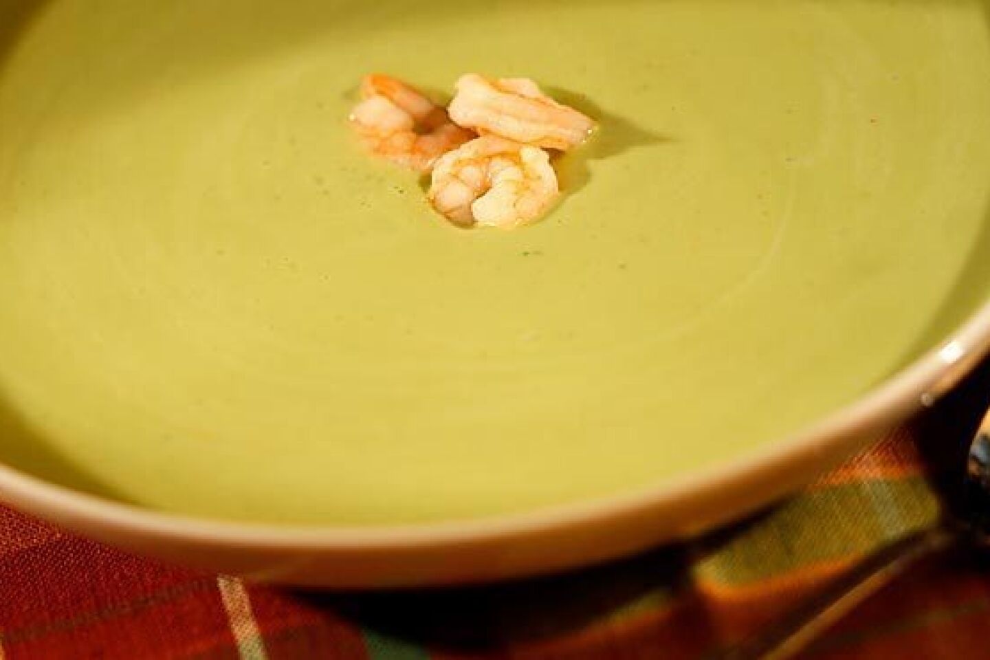 Chilled avocado and watercress soup with shrimp