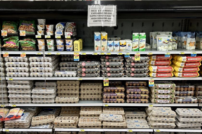 The average retail price for a dozen large eggs jumped to $7.37 in California this week, up from $4.83 at the beginning of December and just $2.35 at this time last year. Albertsons Grocery has a good supply of eggs in one of it's Bakersfield California stores on Friday, Jan. 6, 2022. ( Alex Horvath / Los Angeles Times )
