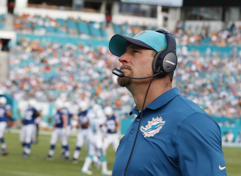 Miami Dolphins interim head coach Dan Campbell looks up during a game against the Indianapolis Colts on Dec. 27, 2015.