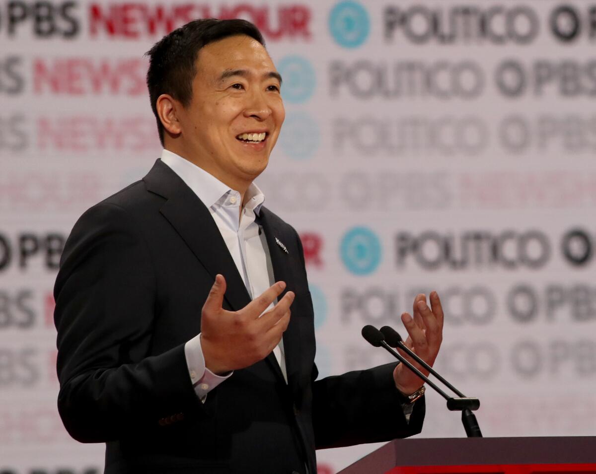 Andrew Yang speaks during the debate.