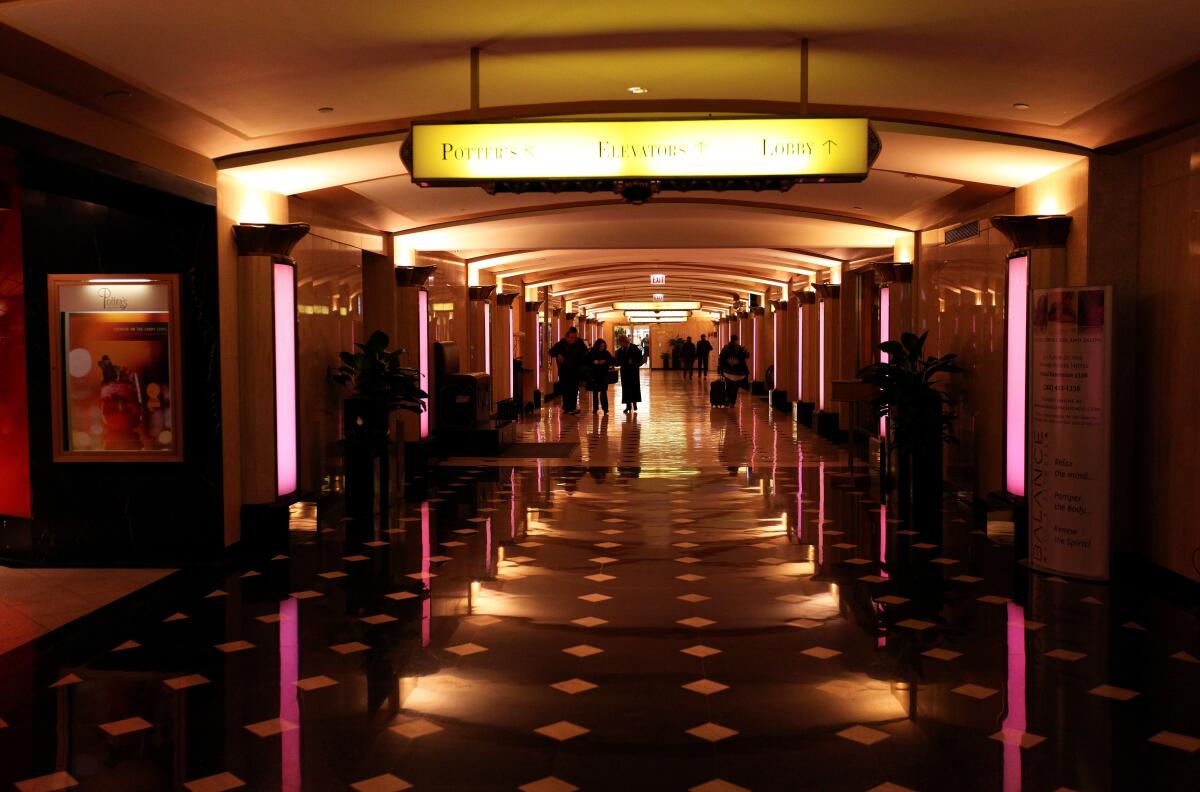 The lower lobby of the Palmer House Hilton hotel in Chicago.