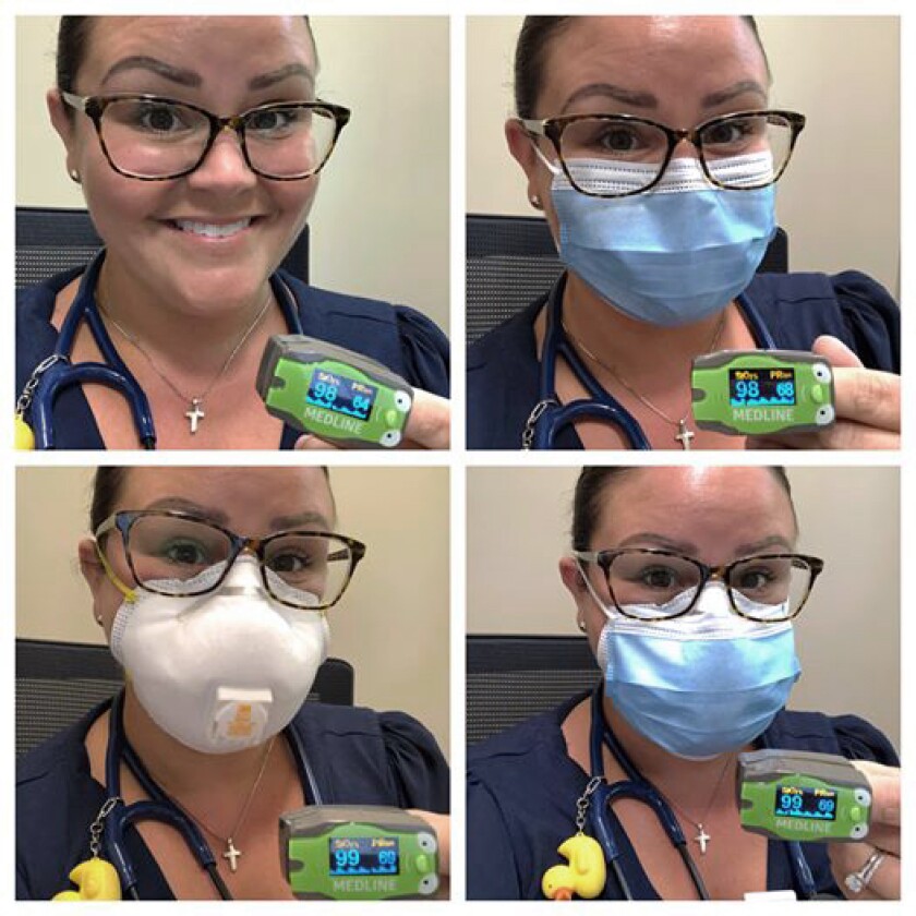 Dr. Megan Hall showing her oxygen saturation levels with and without masks.