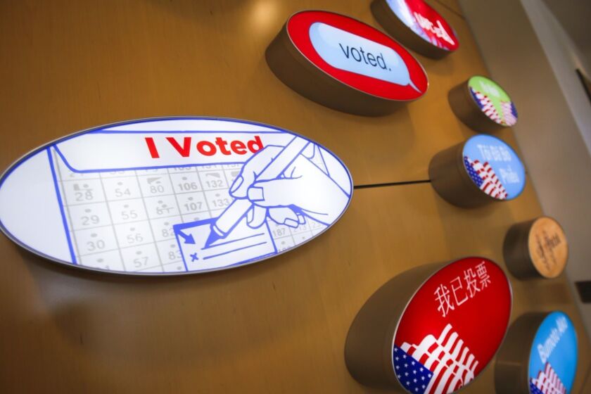 SAN DIEGO, CA: November 8, 2016 | A display of I Voted in different languages signs is on display at the San Diego County Registrar of Voters office. | Photo by Howard Lipin/San Diego Union-Tribune/Mandatory Credit: HOWARD LIPIN SAN DIEGO UNION-TRIBUNE/ZUMA PRESS