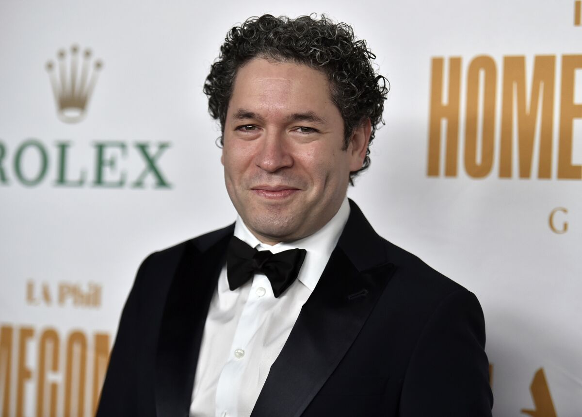 FILE - Gustavo Dudamel appears at the Los Angeles Philharmonic Homecoming Concert & Gala in Los Angeles on Oct. 9. 2021. Dudamel will become music director of the New York Phlharmonic for the 2026-27 season, ending a tenure with the Los Angeles Philharmonic that began in 2009. (Photo by Richard Shotwell/Invision/AP, File)
