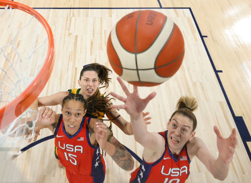 Australia beats U.S. women in Olympic basketball exhibition 2 Breanna Stewart, right, of the U.S. grabs a rebound in front of Australia's Marianna Tolo and Brittney Griner of the U.S.