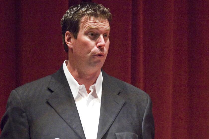 Former San Diego Chargers quarterback Ryan Leaf speaks on the campus of Washington State in Pullman, Wash., on Oct. 13, 2011. Leaf was recently released from prison following his 2012 conviction on burglary and drug charges.