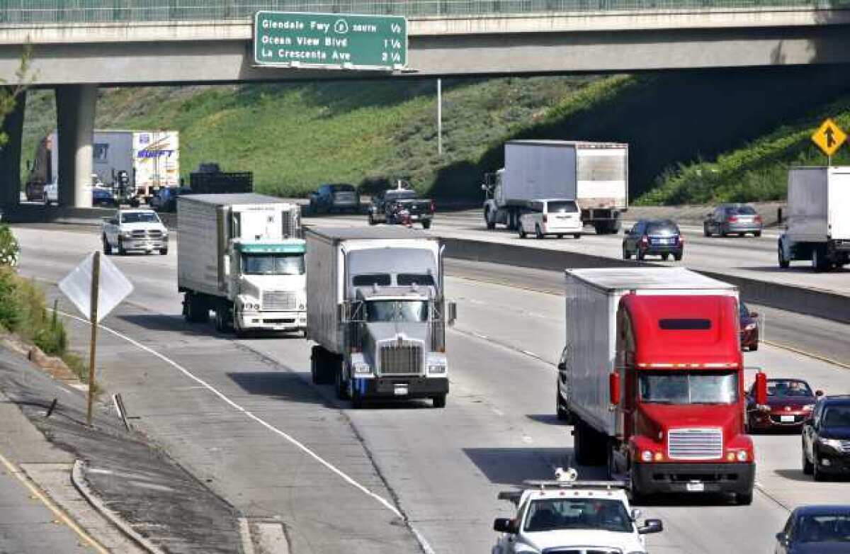 Big rigs roll up and down the Foothill (210) Freeway between Commonwealth Avenue and Angeles Crest Highway in La Canada Flintridge.
