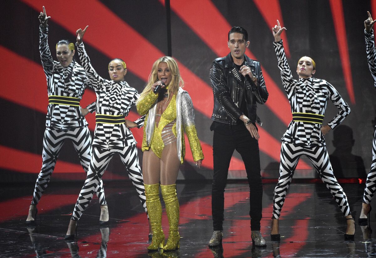 Britney Spears and G-Eazy perform onstage during the 2016 MTV Video Music Awards.