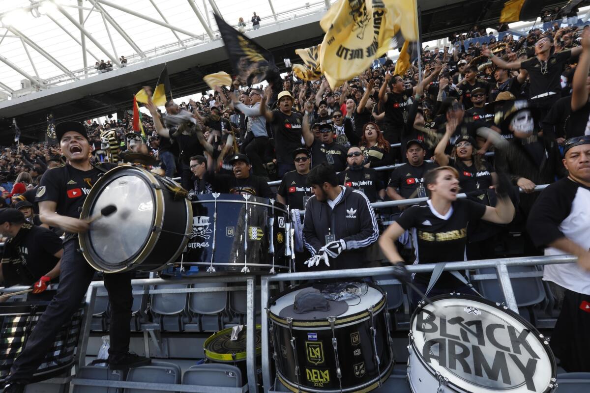 LAFC fans chant before a match against the Seattle Sounders in April 2018.