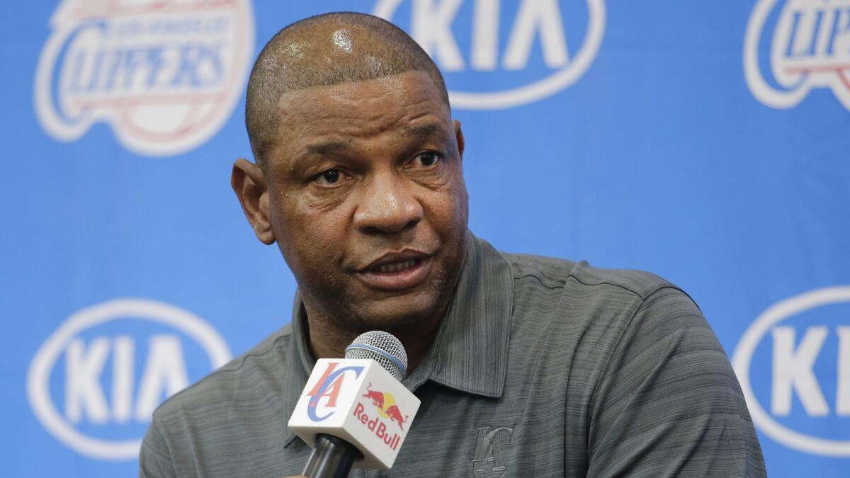 Clippers Coach Doc Rivers speaks during the team's media day in Playa Vista on Monday.