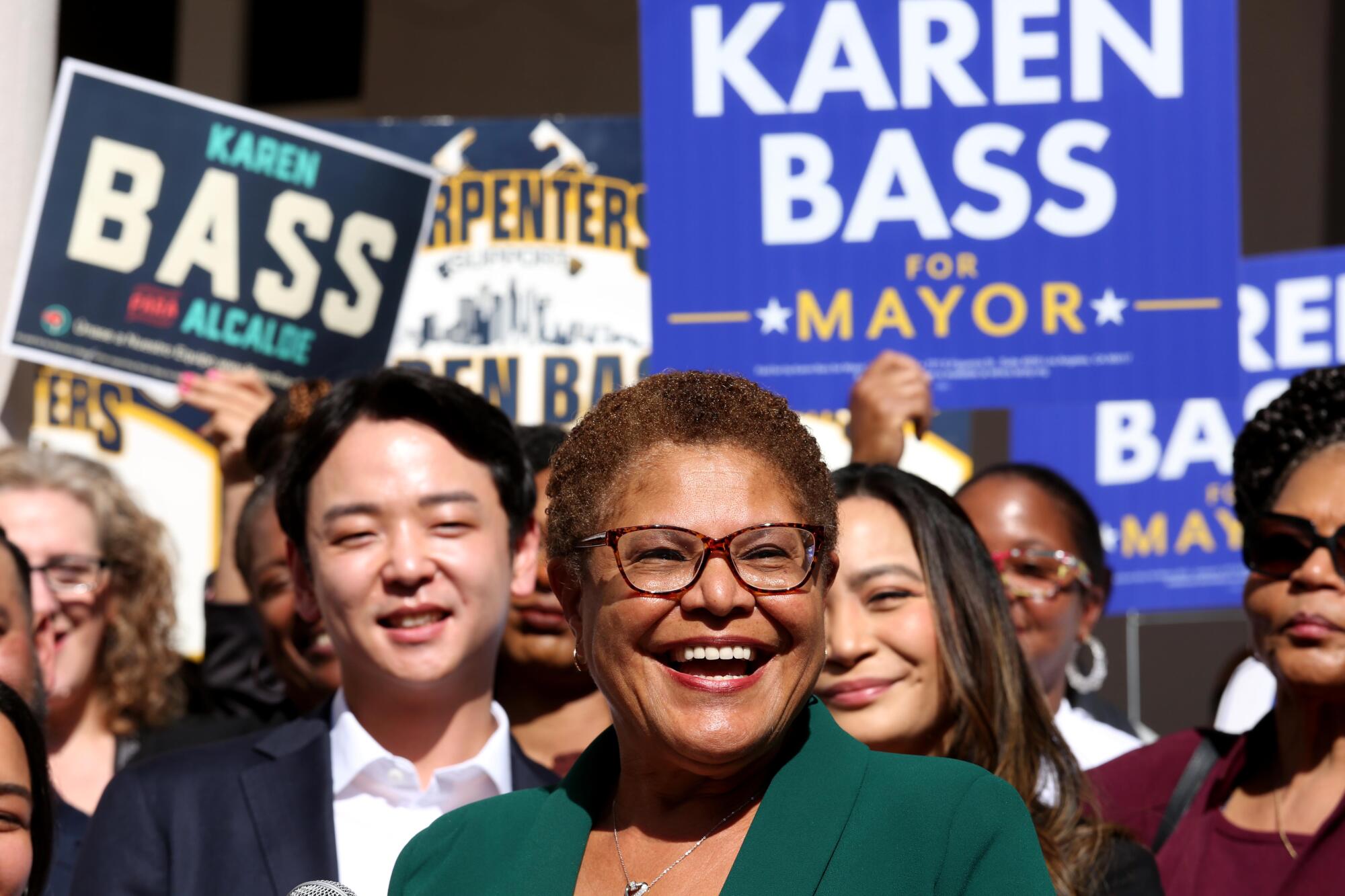 Los Angeles Mayor-elect Karen Bass addresses the crowd at the Wilshire Ebell Theater on Thursday.