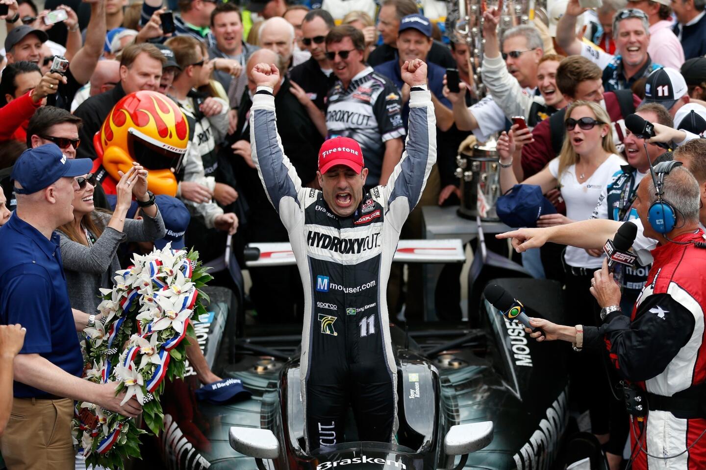 Tony Kanaan celebrates in Victory Lane on Sunday after winning his first Indianapolis 500 on his 12th attempt in the historic race.