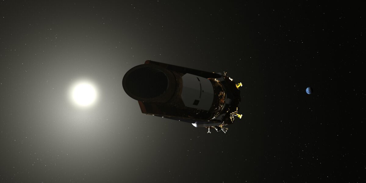 An artist's illustration of the Kepler Space Telescope searching for exoplanets.