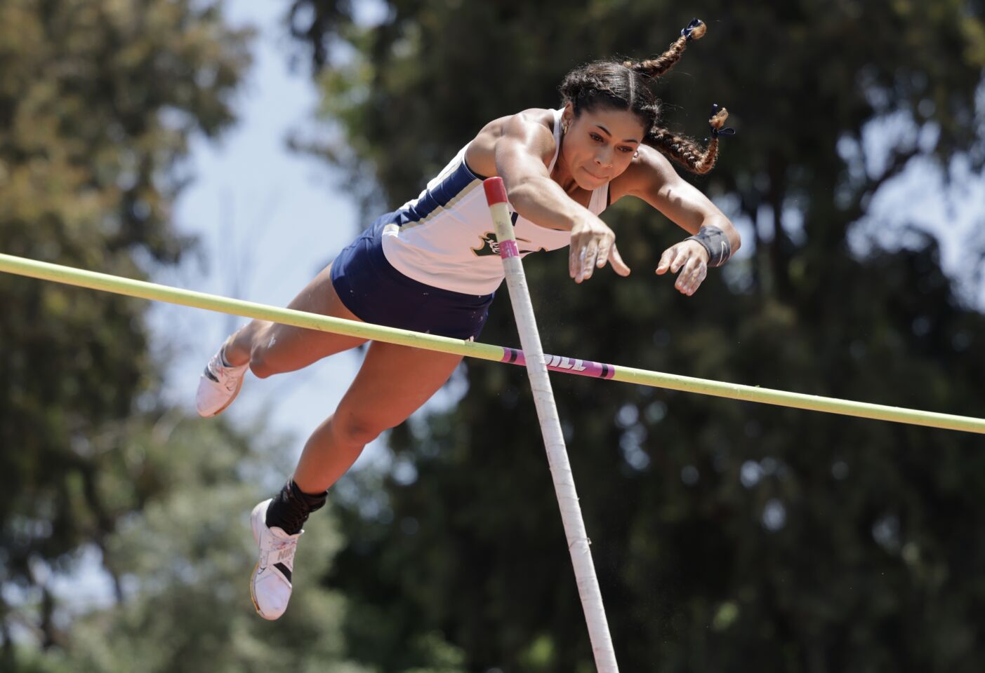 La Costa Canyon's Iliana Downing clears 13 feet 3 inches to come in first in the girl's pole vault during the CIF San Diego Section track finals at Mt. Carmel High School in San Diego on Saturday, May 20, 2023.