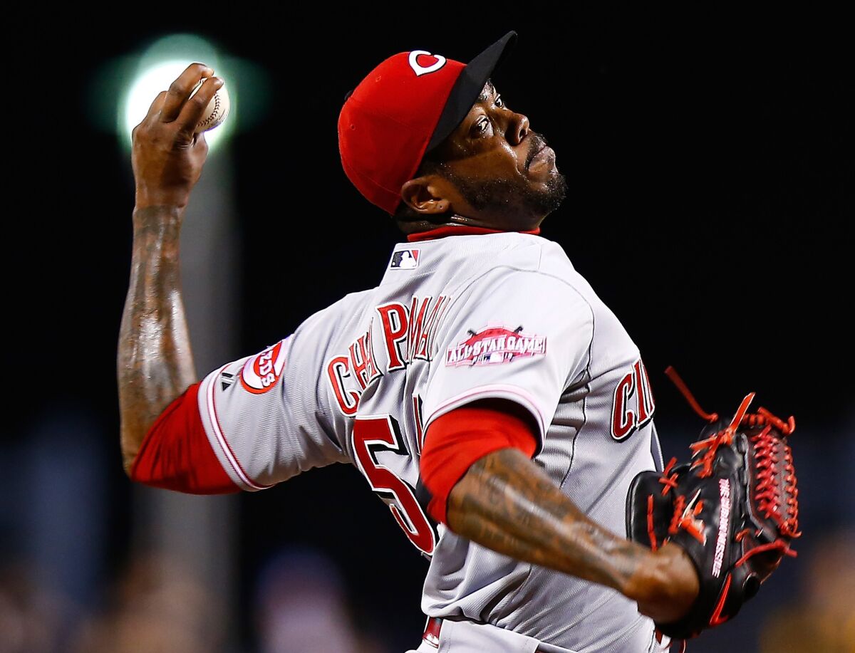 Aroldis Chapman pitches for Cincinnati against Pittsurgh on May 5.
