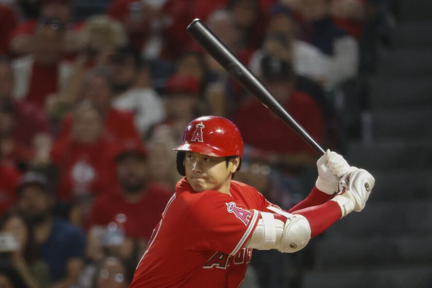 Los Angeles Angels' Shohei Ohtani (17) swings at a pitch 