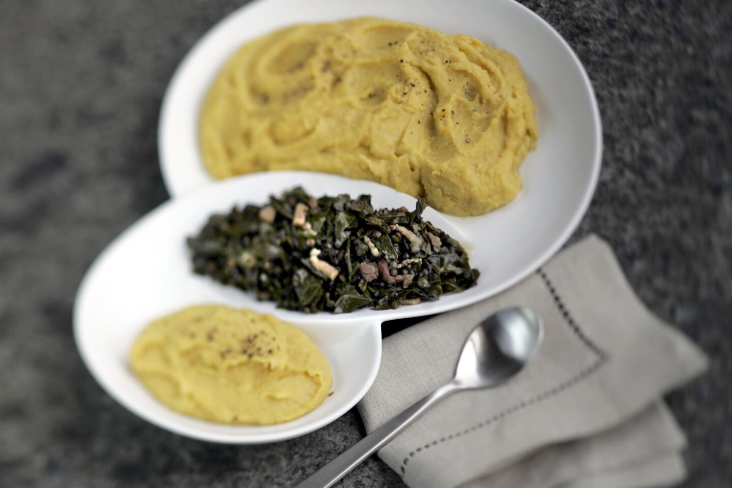 Spiced sweet potato puree and collard greens and green lentils