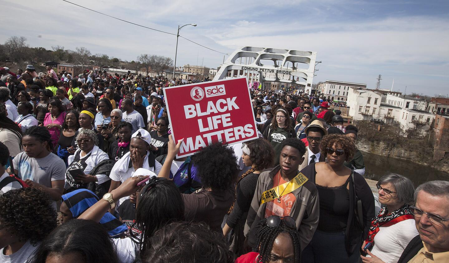 Marchers on the Edmund Pettus Bridge on March 8 in Selma.