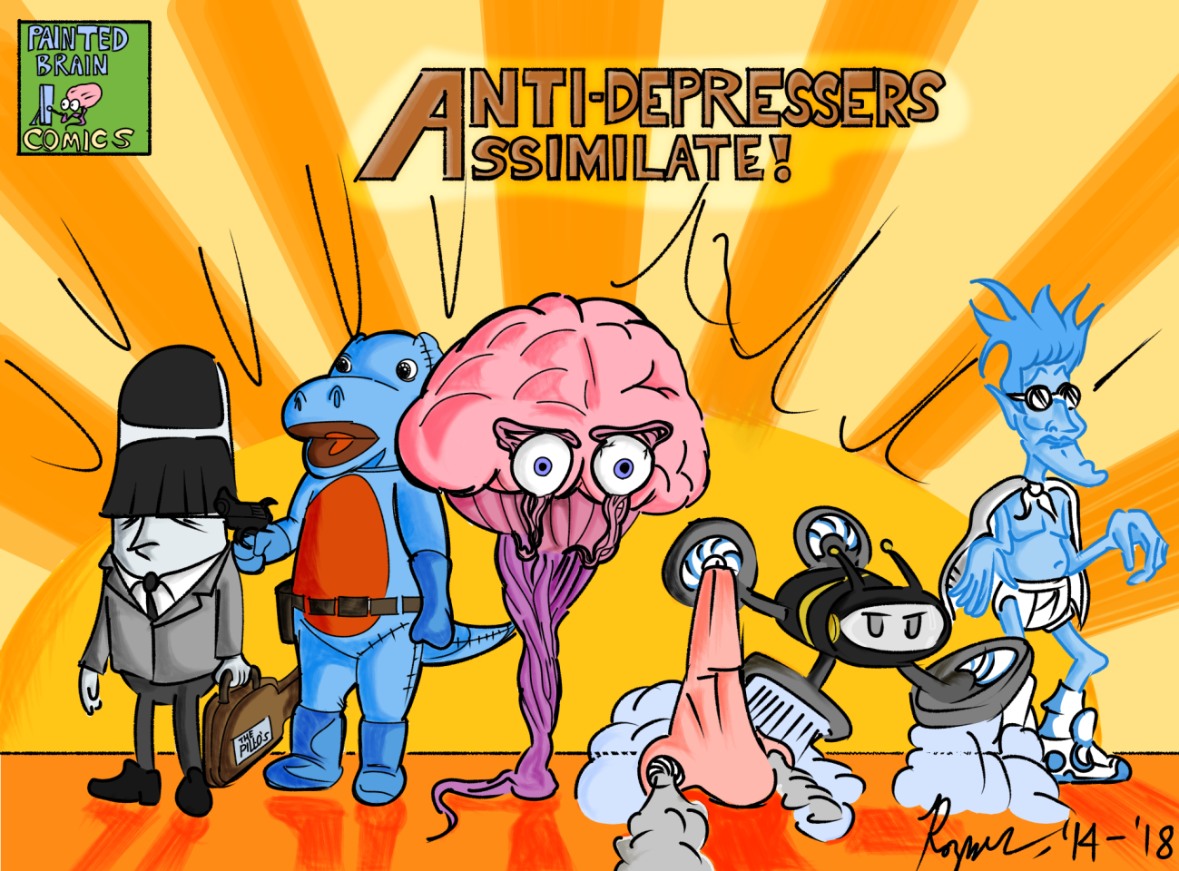 Illustration by Lawrence Rozner shows comic book characters called the Anti-Depressers
