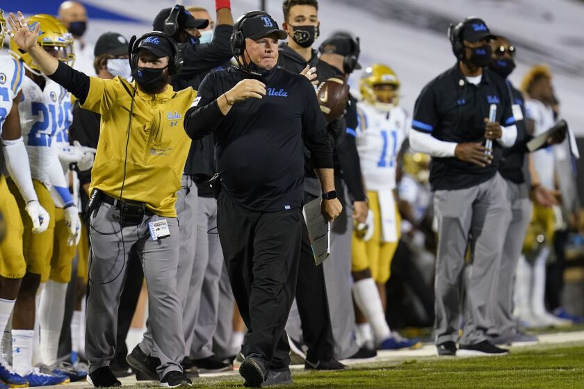 UCLA head coach Chip Kelly in the second half of an NCAA college football game Saturday, Nov. 7, 2020, in Boulder, Colo. Colorado won 48-42. (AP Photo/David Zalubowski)