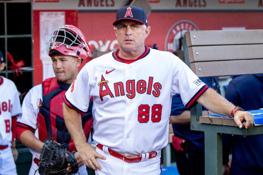Anaheim, CA - July 21: Angels manager Phil Nevin waits for the game to start with the Pirates.