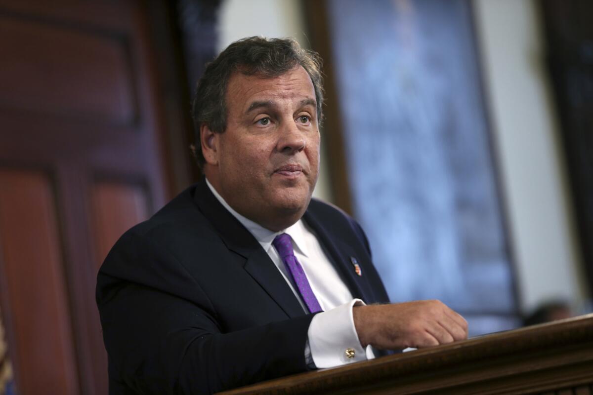 Gov. Chris Christie listens to a question from the media in Trenton, N.J., on Aug. 29.