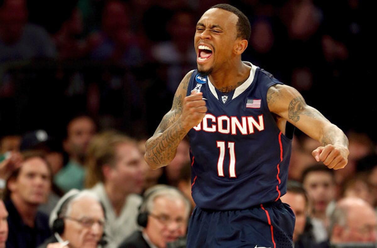 Connecticut guard Ryan Boatright reacts after creating a Michigan State turnover in the second half of the East Regional final on Sunday in New York.